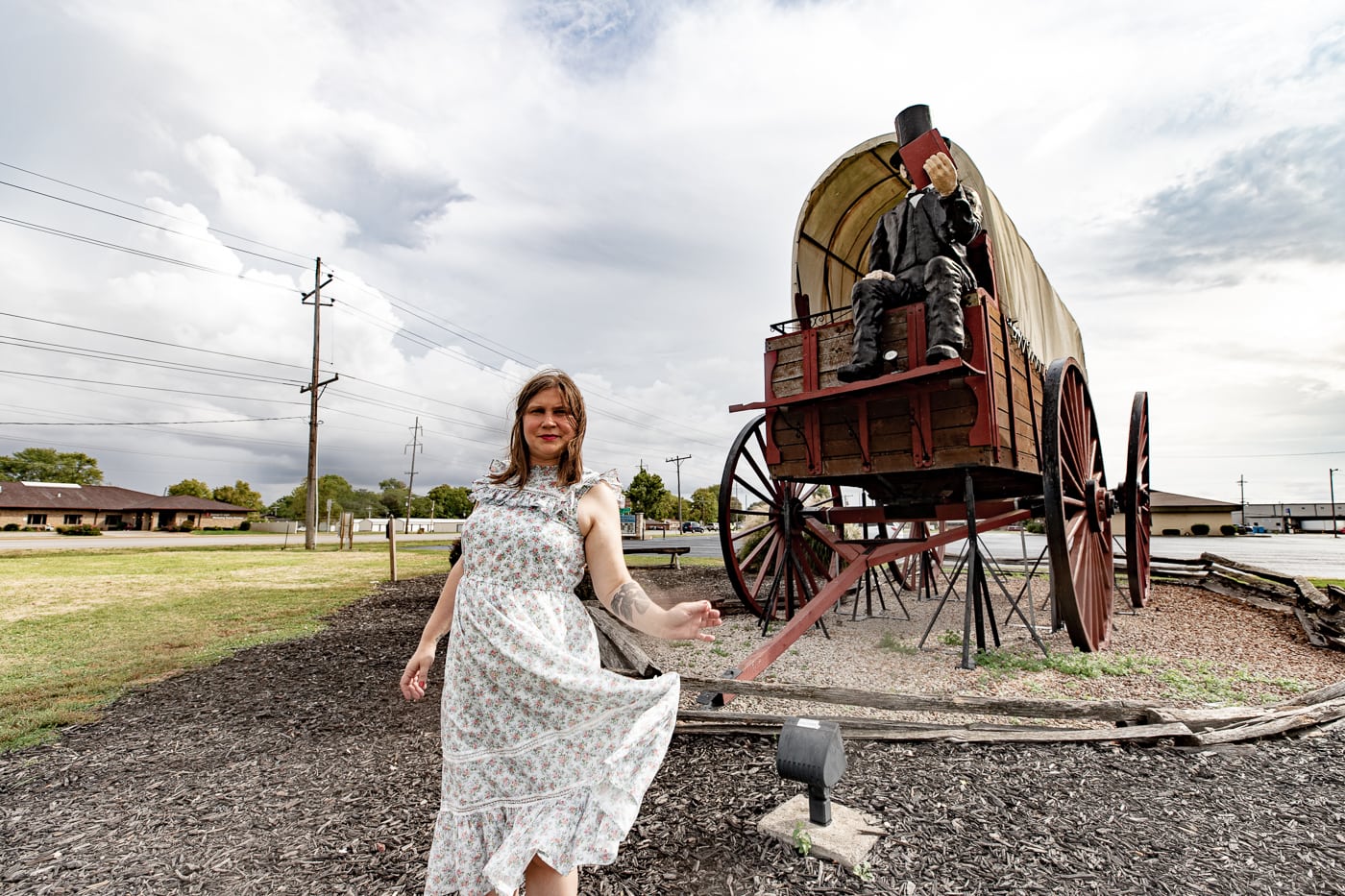 Giant Abraham Lincoln statue on the World's Largest Covered Wagon in Lincoln, Illinois Route 66 roadside attraction