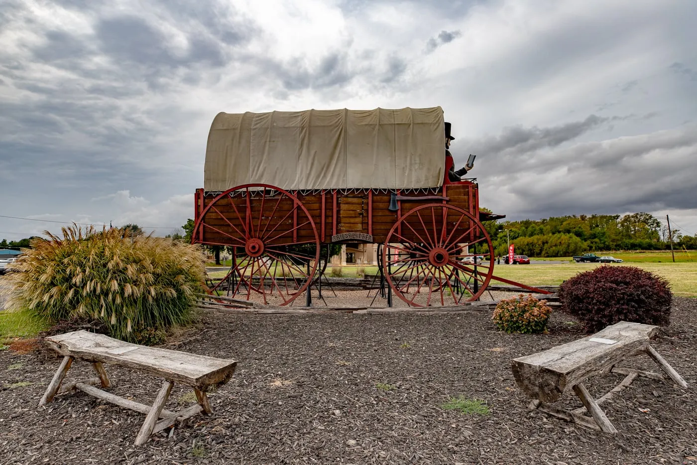 Giant Abraham Lincoln statue on the World's Largest Covered Wagon in Lincoln, Illinois Route 66 roadside attraction