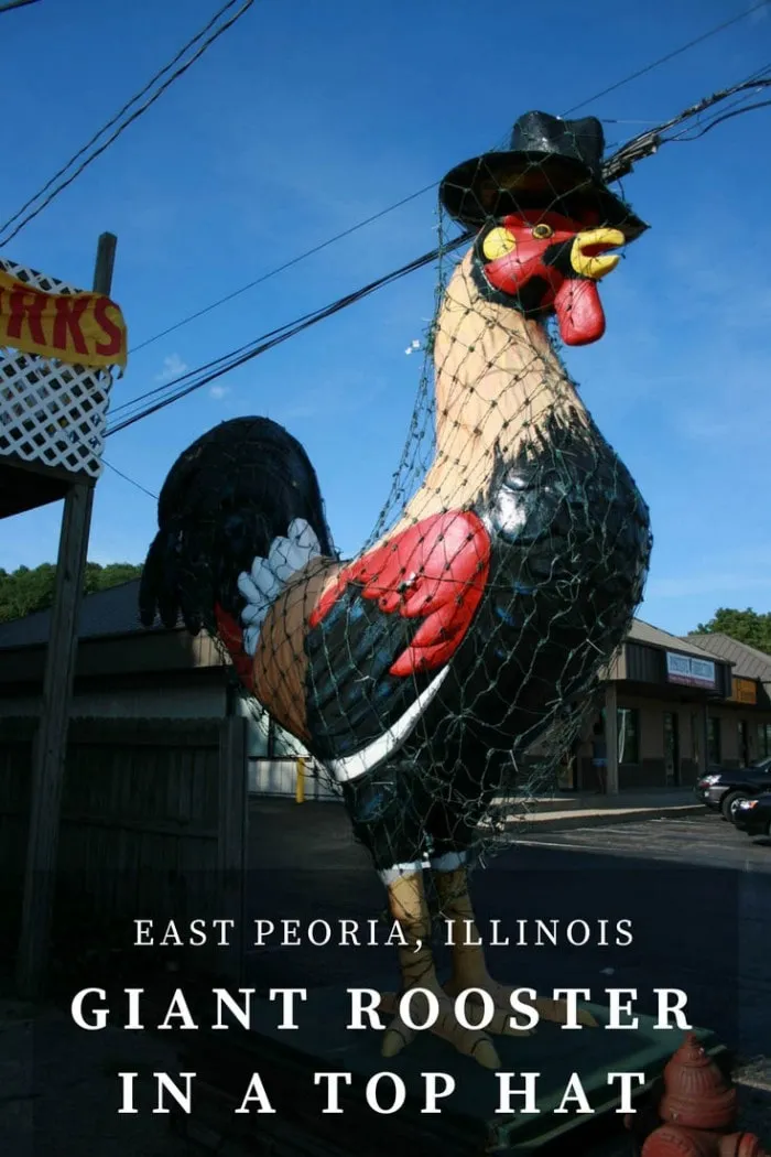 This Giant Rooster in a top hat roadside attraction is a ten-foot tall statue that stands outside of Carl's Bakery in East Peoria, Illinois. Visit this weird roadside attraction on a fun Illinois road trip across the state or Illinois vacation with kids (and visit the bakery as a thing to do in Illinois too). #IllinoisRoadsideAttractions #IllinoisRoadsideAttraction #RoadsideAttractions #RoadsideAttraction #RoadTrip #IllinoisRoadTrip #IllinoisWithKids #WeirdRoadsideAttractions #RoadTripStops