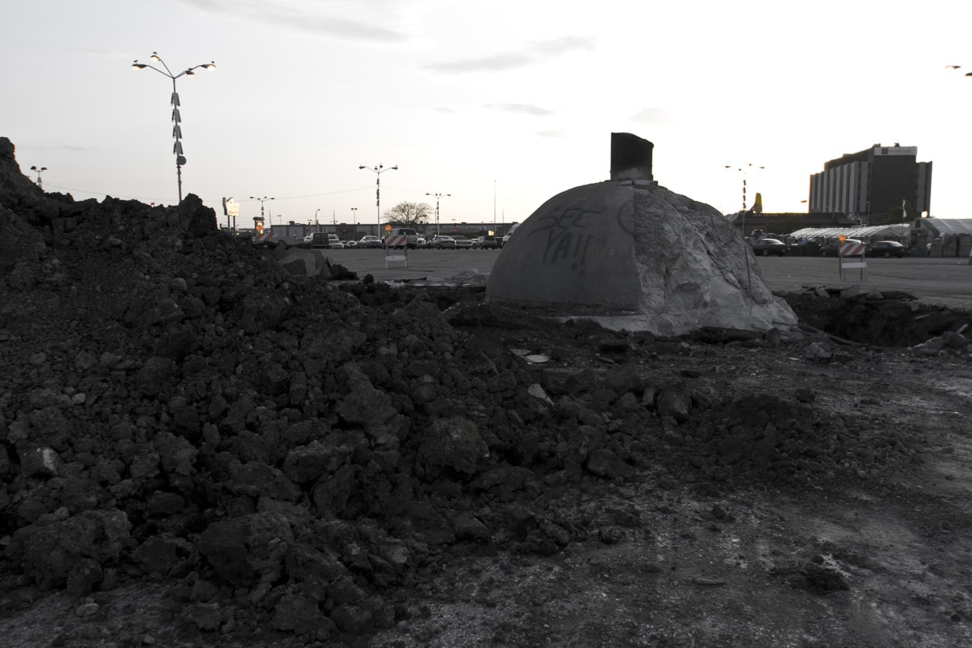 Remnants of the Spindle (car kabob, cars ona  spike) in Berwyn, Illinois after it was torn down in 2008.