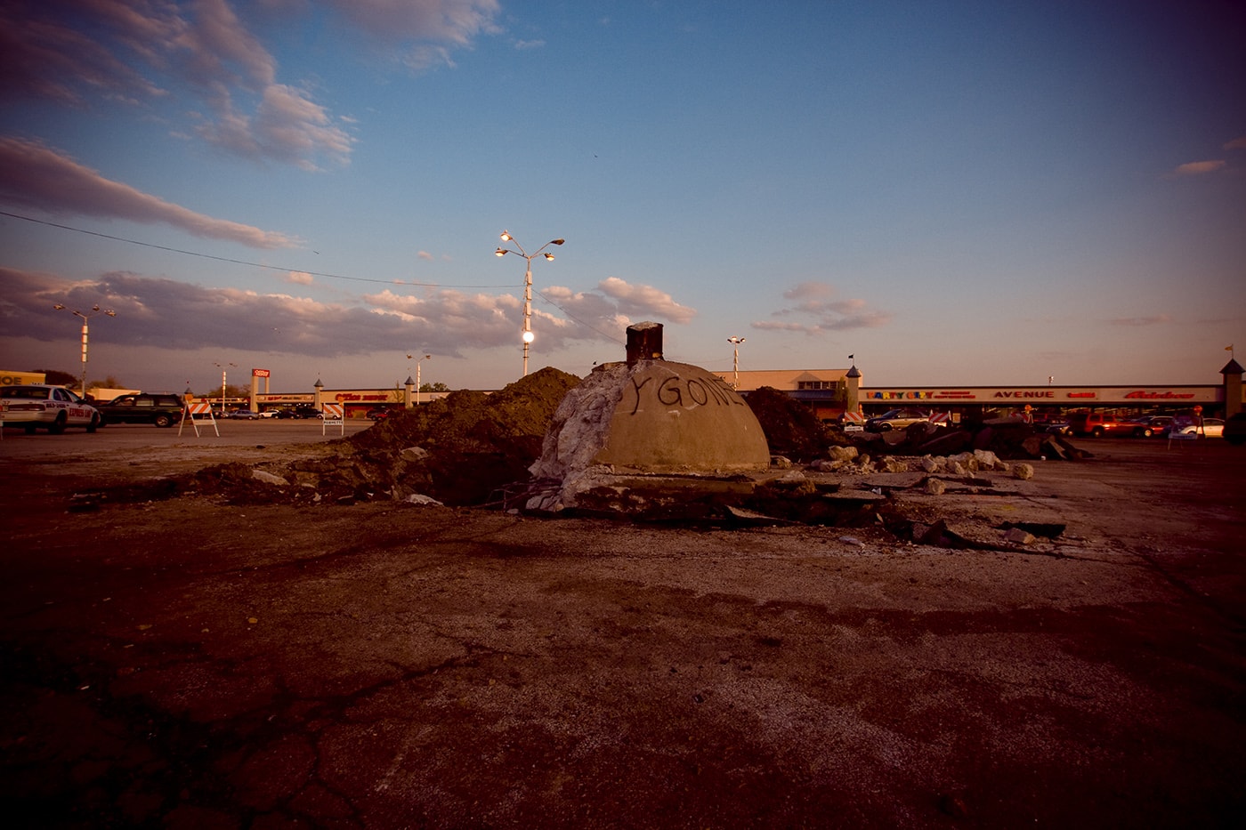 Remnants of the Spindle (car kabob, cars on a spike) in Berwyn, Illinois after it was torn down in 2008.