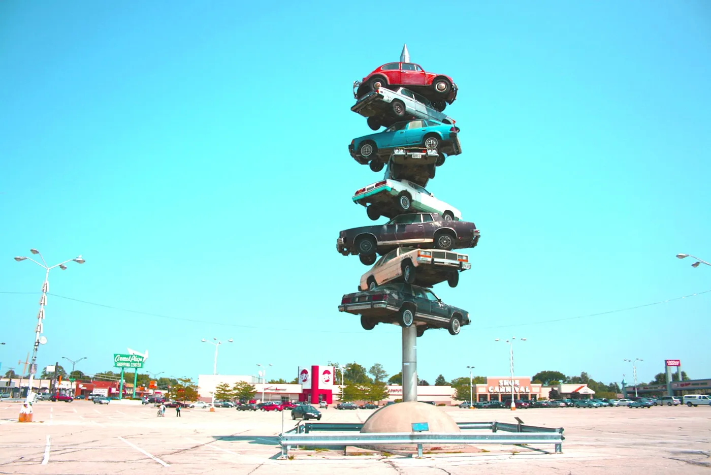 The Spindle in Berwyn, Illinois. Also known as cars on a spike or the car kabob. This roadside attraction was torn down in 2008.