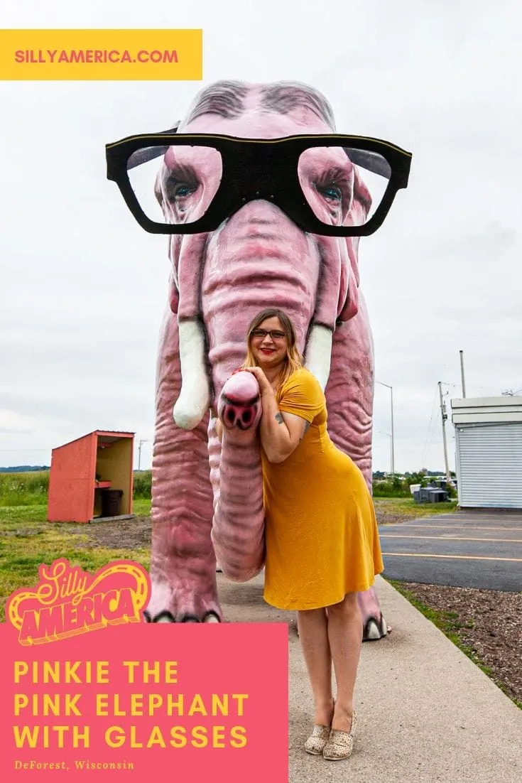 Pinkie the Elephant - a fiberglass giant pink elephant with glasses is a Wisconsin roadside attraction at a Shell Gas Station in DeForest, Wisconsin. Add this weird roadside attraction to your travel bucket list and Wisconsin road trip itinerary. A fun thing to do in Wisconsin when visiting the beautiful places in the state. #WisconsinRoadsideAttraction #RoadsideAttraction #RoadTrip #WisconsinRoadTrip #ThingsToDoInWisconsin #WisconsinRoadTripMap #WisconsinRoadTripIdeas #WeirdRoadsideAttractions