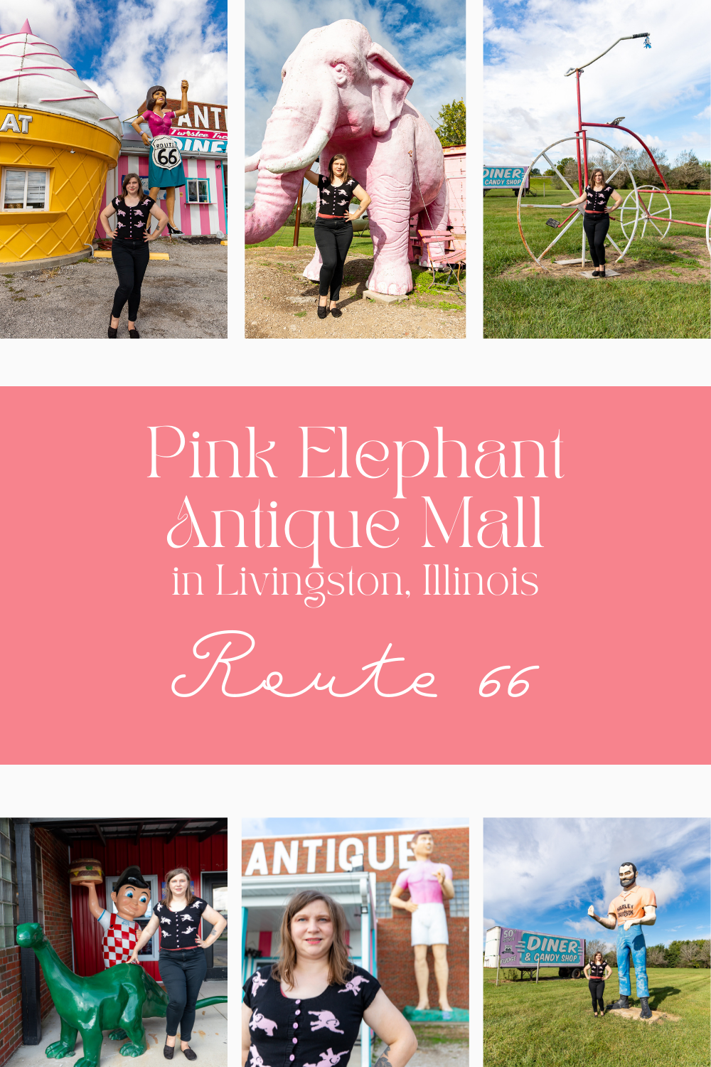 We’ve all heard of pink elephants on parade. But this Route 66 location not only features a giant pink elephant but also a parade of one more giant thing after the next. At the Pink Elephant Antique Mall in Livingston, Illinois you can find their famous big pink elephant and also so much more.  #RoadTrips #RoadTripStop #Route66 #Route66RoadTrip #IllinoisRoute66 #Illinois #IllinoisRoadTrip #IllinoisRoadsideAttractions #RoadsideAttractions #RoadsideAttraction #RoadsideAmerica #RoadTrip