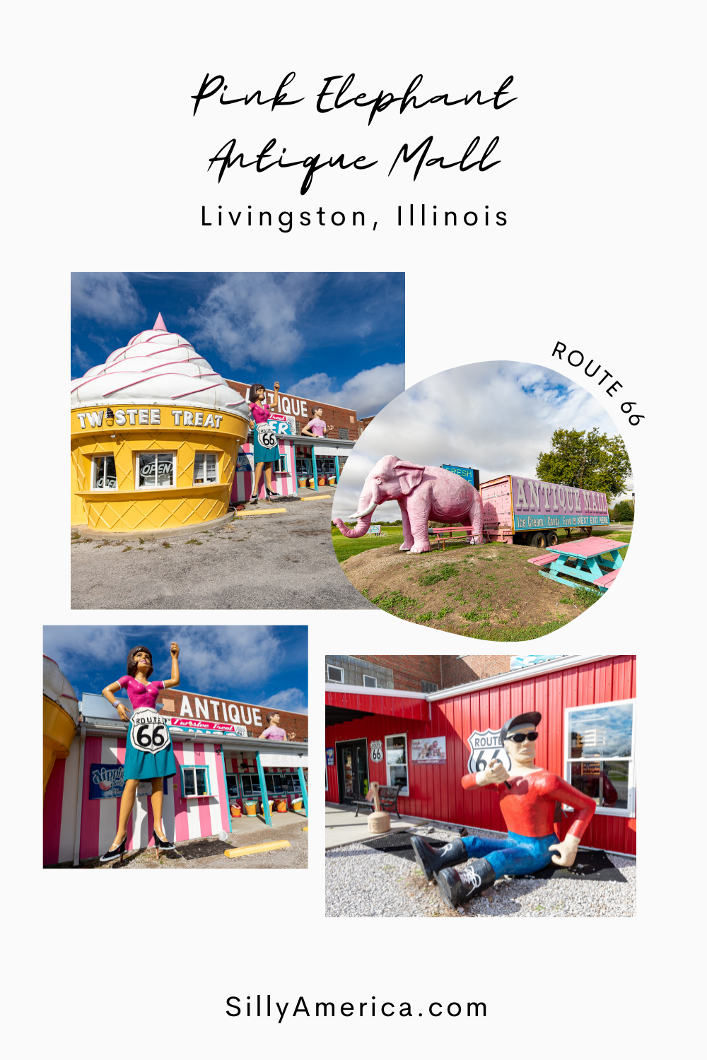 We’ve all heard of pink elephants on parade. But this Route 66 location not only features a giant pink elephant but also a parade of one more giant thing after the next. At the Pink Elephant Antique Mall in Livingston, Illinois you can find their famous big pink elephant and also so much more.  #RoadTrips #RoadTripStop #Route66 #Route66RoadTrip #IllinoisRoute66 #Illinois #IllinoisRoadTrip #IllinoisRoadsideAttractions #RoadsideAttractions #RoadsideAttraction #RoadsideAmerica #RoadTrip