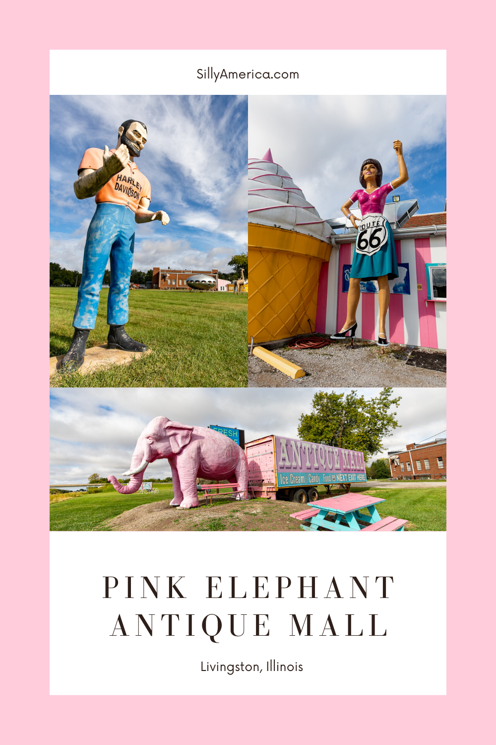 We’ve all heard of pink elephants on parade. But this Route 66 location not only features a giant pink elephant but also a parade of one more giant thing after the next. At the Pink Elephant Antique Mall in Livingston, Illinois you can find their famous big pink elephant and also so much more.  #RoadTrips #RoadTripStop #Route66 #Route66RoadTrip #IllinoisRoute66 #Illinois #IllinoisRoadTrip #IllinoisRoadsideAttractions #RoadsideAttractions #RoadsideAttraction #RoadsideAmerica #RoadTrip