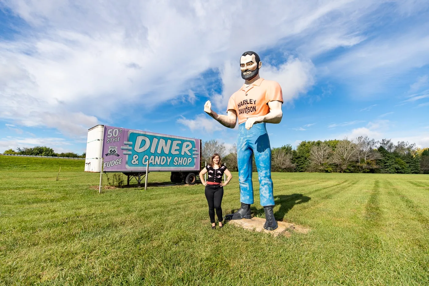 Harley-Davidson muffler man at the Pink Elephant Antique Mall in Livingston, Illinois - Route 66 Roadside Attraction