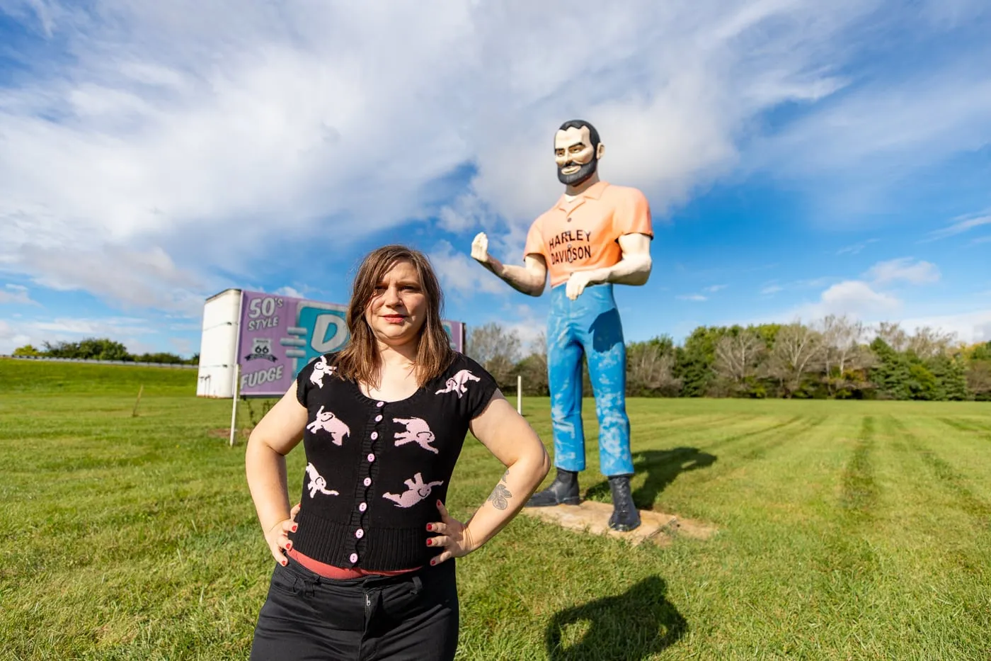 Harley-Davidson muffler man at the Pink Elephant Antique Mall in Livingston, Illinois - Route 66 Roadside Attraction