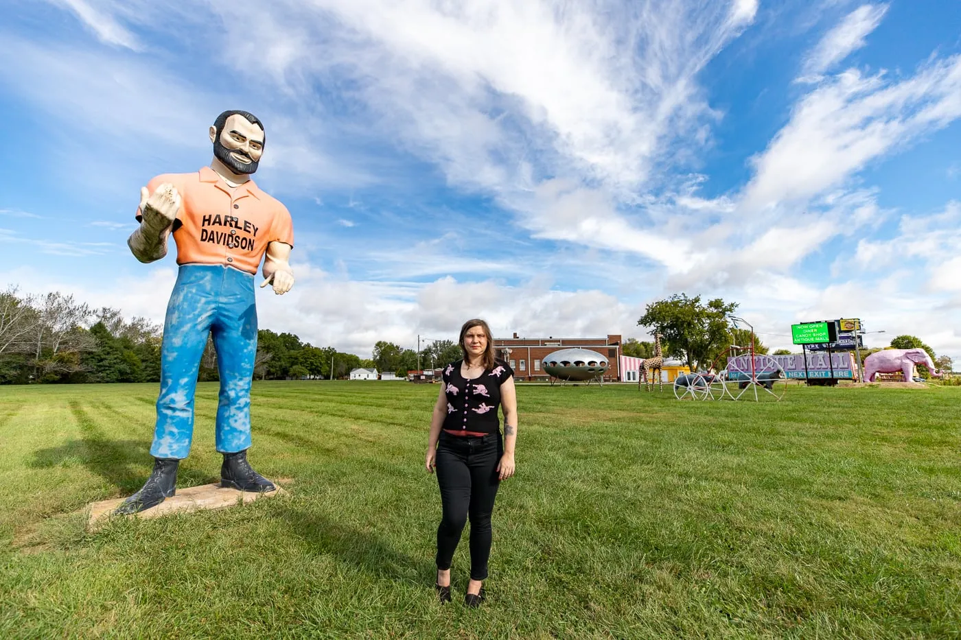 Harley-Davidson muffler man at the Pink Elephant Antique Mall in Livingston, Illinois - Route 66 Roadside Attraction