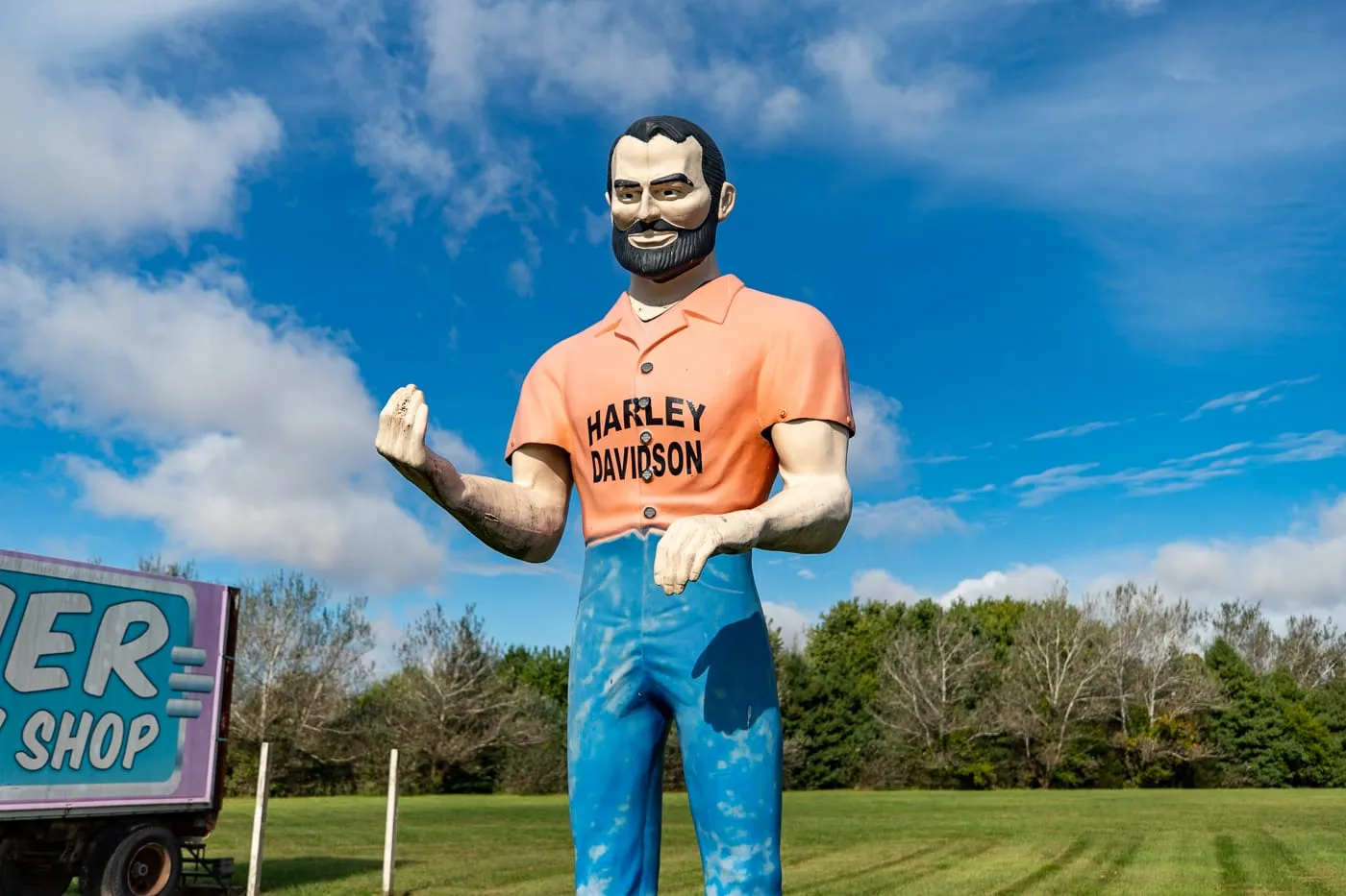 Harley-Davidson muffler man at the Pink Elephant Antique Mall in Livingston, Illinois - Route 66 Roadside Attraction