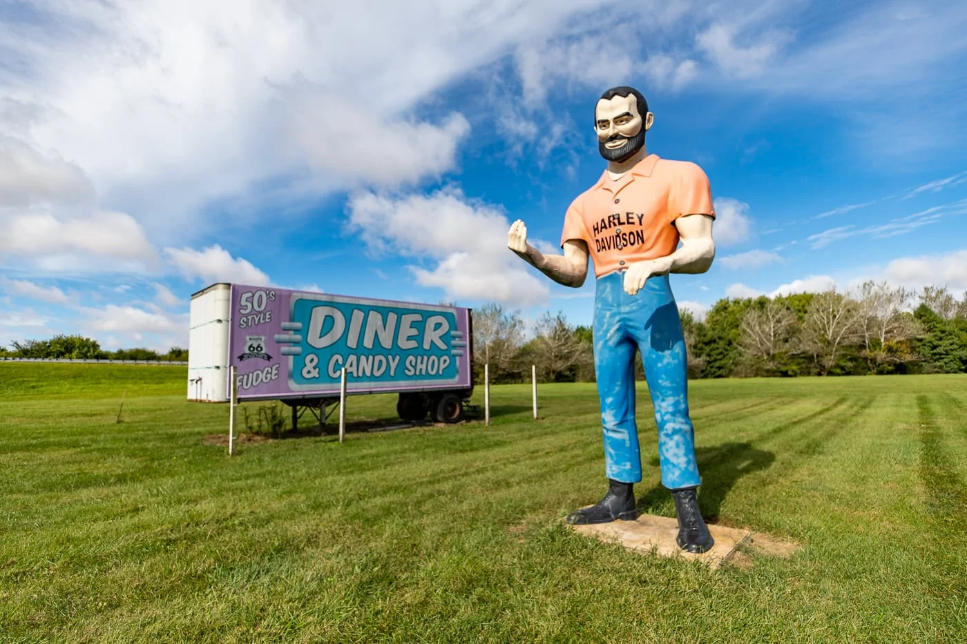 Harley-Davidson muffler man at the Pink Elephant Antique Mall in Livingston, Illinois - Route 66 Roadside Attraction