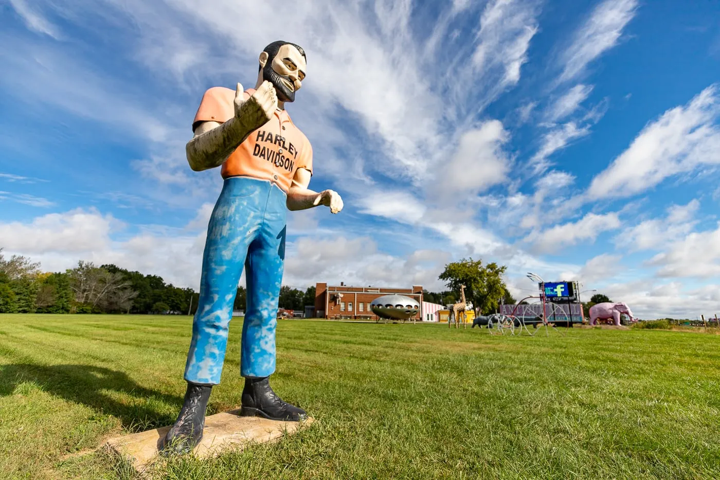 Harley-Davidson muffler man at the Pink Elephant Antique Mall in Livingston, Illinois - Route 66 Roadside Attraction