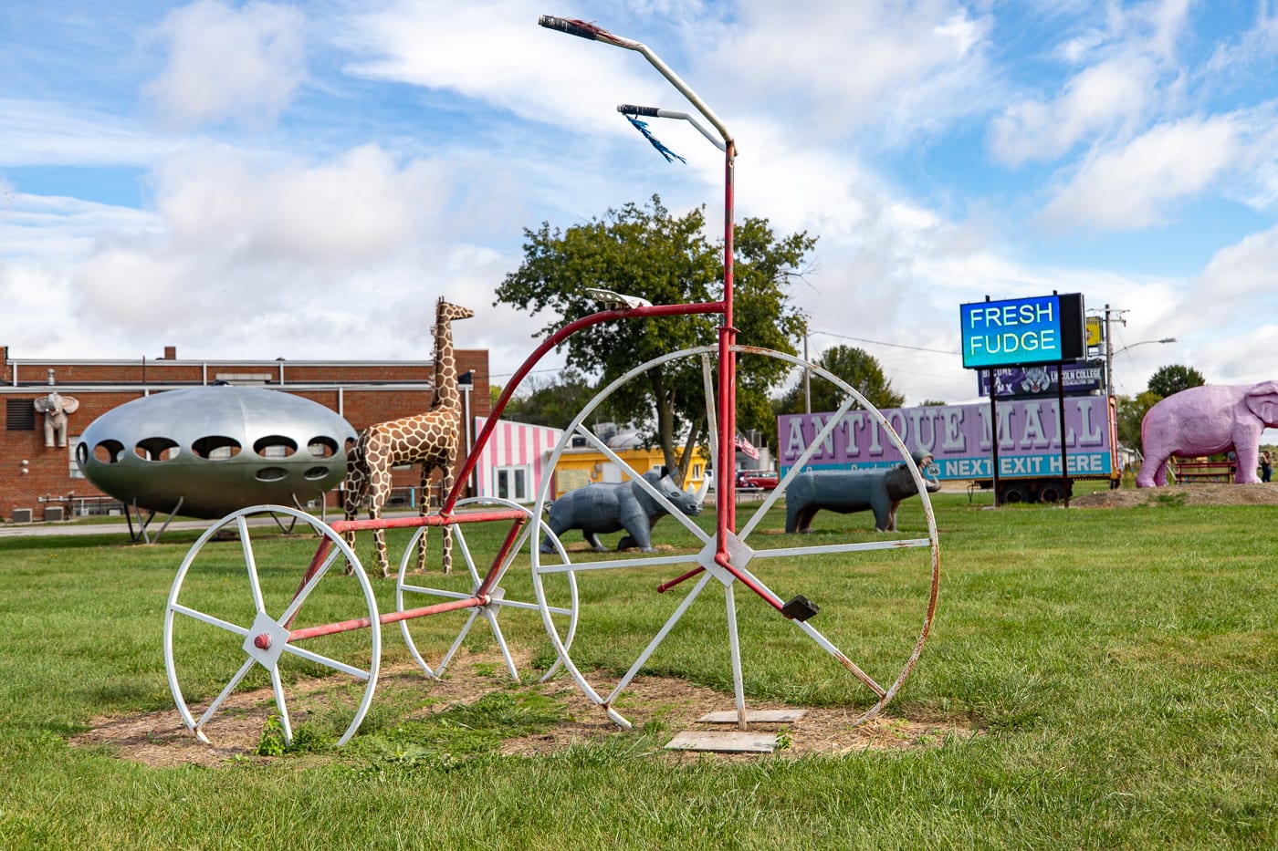 Giant bicycle at the Pink Elephant Antique Mall in Livingston, Illinois - Route 66 Roadside Attraction