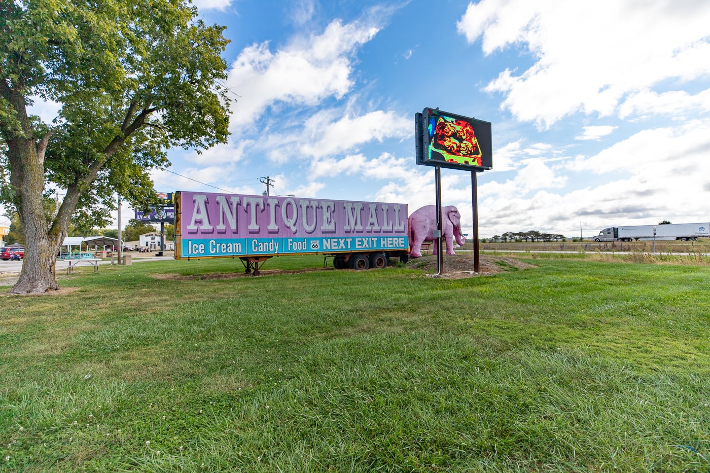 Giant pink elephant at the Pink Elephant Antique Mall in Livingston, Illinois - Route 66 Roadside Attraction