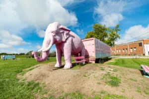 Giant pink elephant at the Pink Elephant Antique Mall in Livingston, Illinois - Route 66 Roadside Attraction