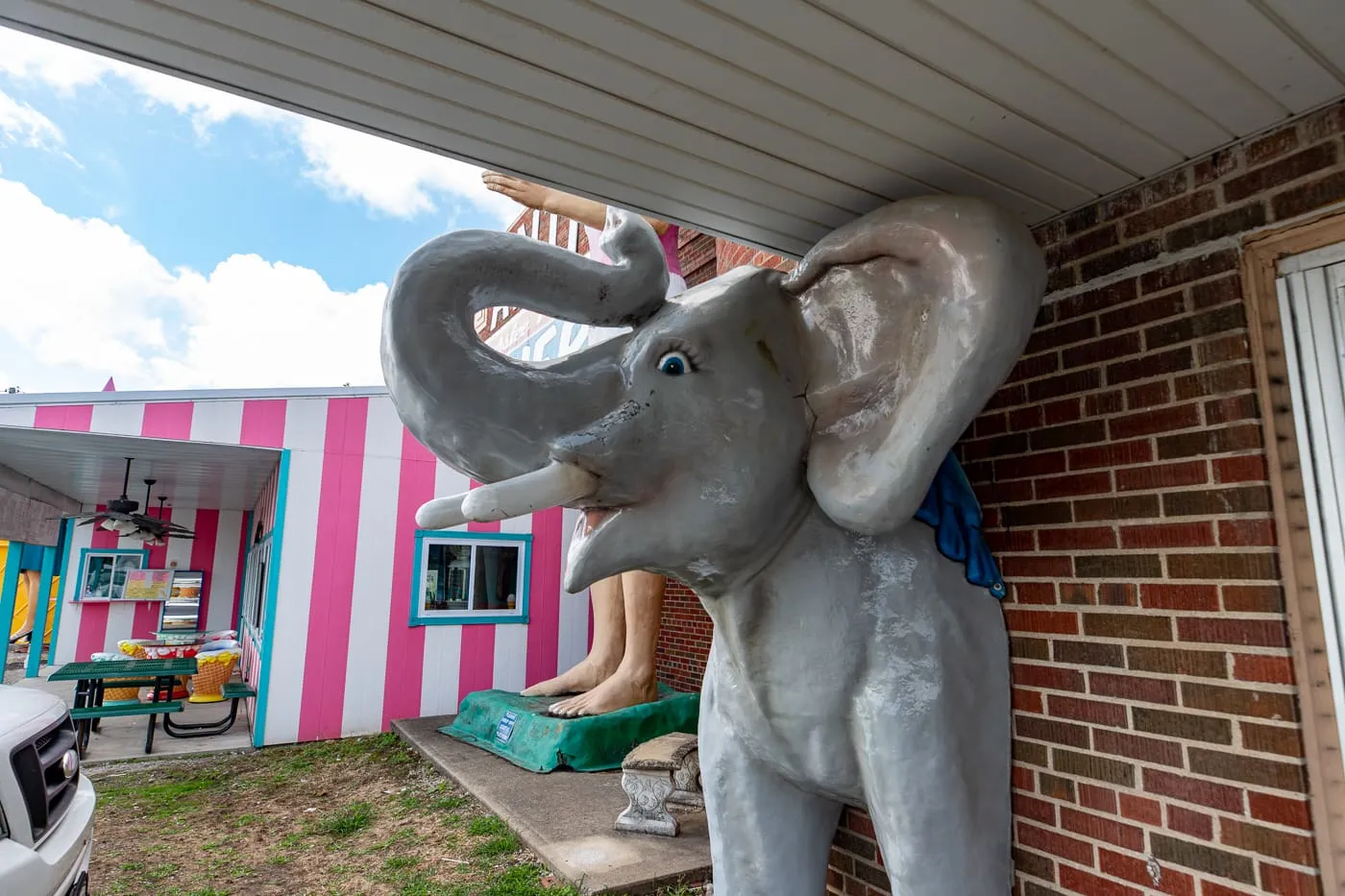 Fiberglass elephant at the Pink Elephant Antique Mall in Livingston, Illinois - Route 66 Roadside Attraction