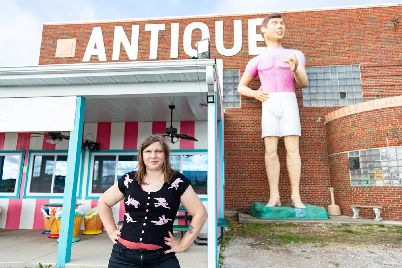 Fiberglass beach guy at the Pink Elephant Antique Mall in Livingston, Illinois - Route 66 Roadside Attraction