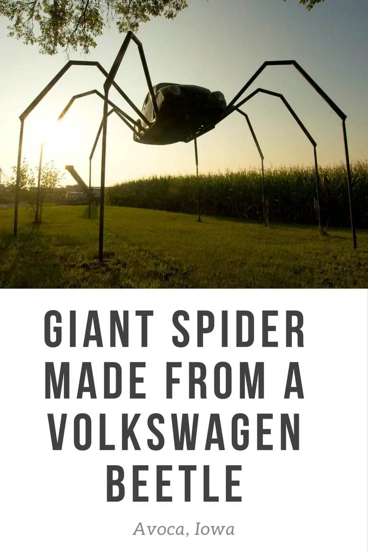 Giant Spider made from a Volkswagen Beetle car - a weird roadside attraction in Avoca, Iowa. Not a roadside attraction for those with arachnophobia! The giant Volkswagen Beetle Spider in Avoca is a different type of VW bug than you might be used to seeing! Add this to your Iowa bucket list of things to do on an Iowa road trip.
#IowaRoadsideAttraction #RoadsideAttraction #RoadTrip #IowaRoadTrip #IowaThingsToDo #IowaBucketList #IowaRoadTripIdeas  #IowaTravel
#WeirdRoadsideAttractions #RoadTripStop