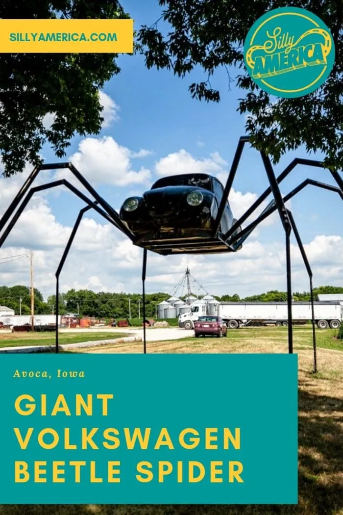 Giant Spider made from a Volkswagen Beetle car - a weird roadside attraction in Avoca, Iowa. Not a roadside attraction for those with arachnophobia! The giant Volkswagen Beetle Spider in Avoca is a different type of VW bug than you might be used to seeing! Add this to your Iowa bucket list of things to do on an Iowa road trip.
#IowaRoadsideAttraction #RoadsideAttraction #RoadTrip #IowaRoadTrip #IowaThingsToDo #IowaBucketList #IowaRoadTripIdeas  #IowaTravel
#WeirdRoadsideAttractions #RoadTripStop