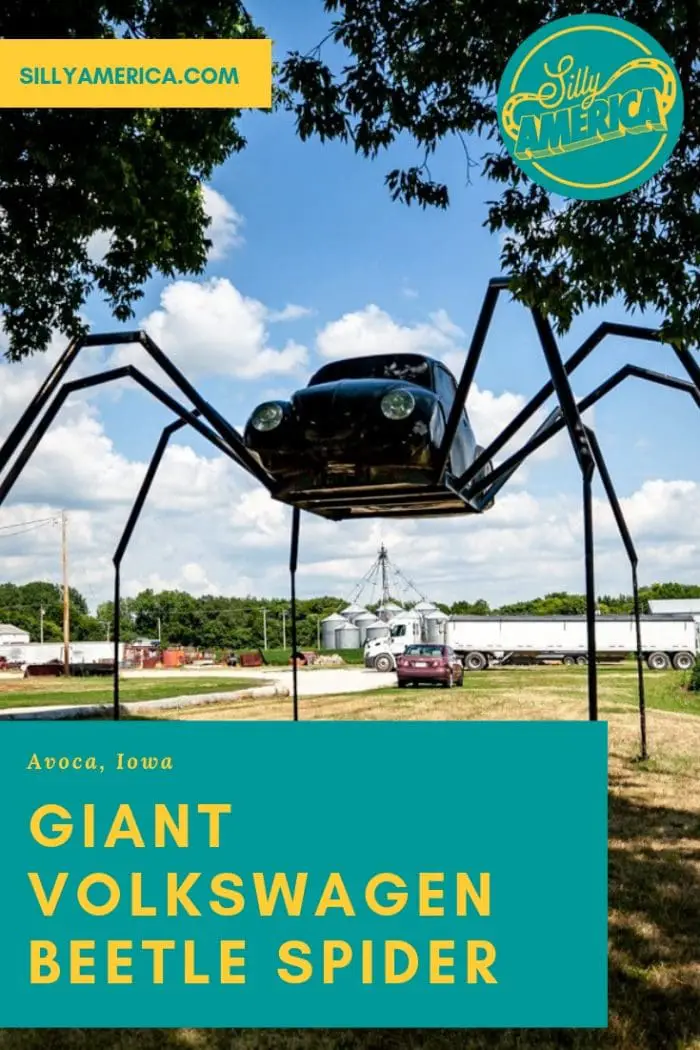 Giant Spider made from a Volkswagen Beetle car - a weird roadside attraction in Avoca, Iowa. Not a roadside attraction for those with arachnophobia! The giant Volkswagen Beetle Spider in Avoca is a different type of VW bug than you might be used to seeing! Add this to your Iowa bucket list of things to do on an Iowa road trip. #IowaRoadsideAttraction #RoadsideAttraction #RoadTrip #IowaRoadTrip #IowaThingsToDo #IowaBucketList #IowaRoadTripIdeas #IowaTravel #WeirdRoadsideAttractions #RoadTripStop