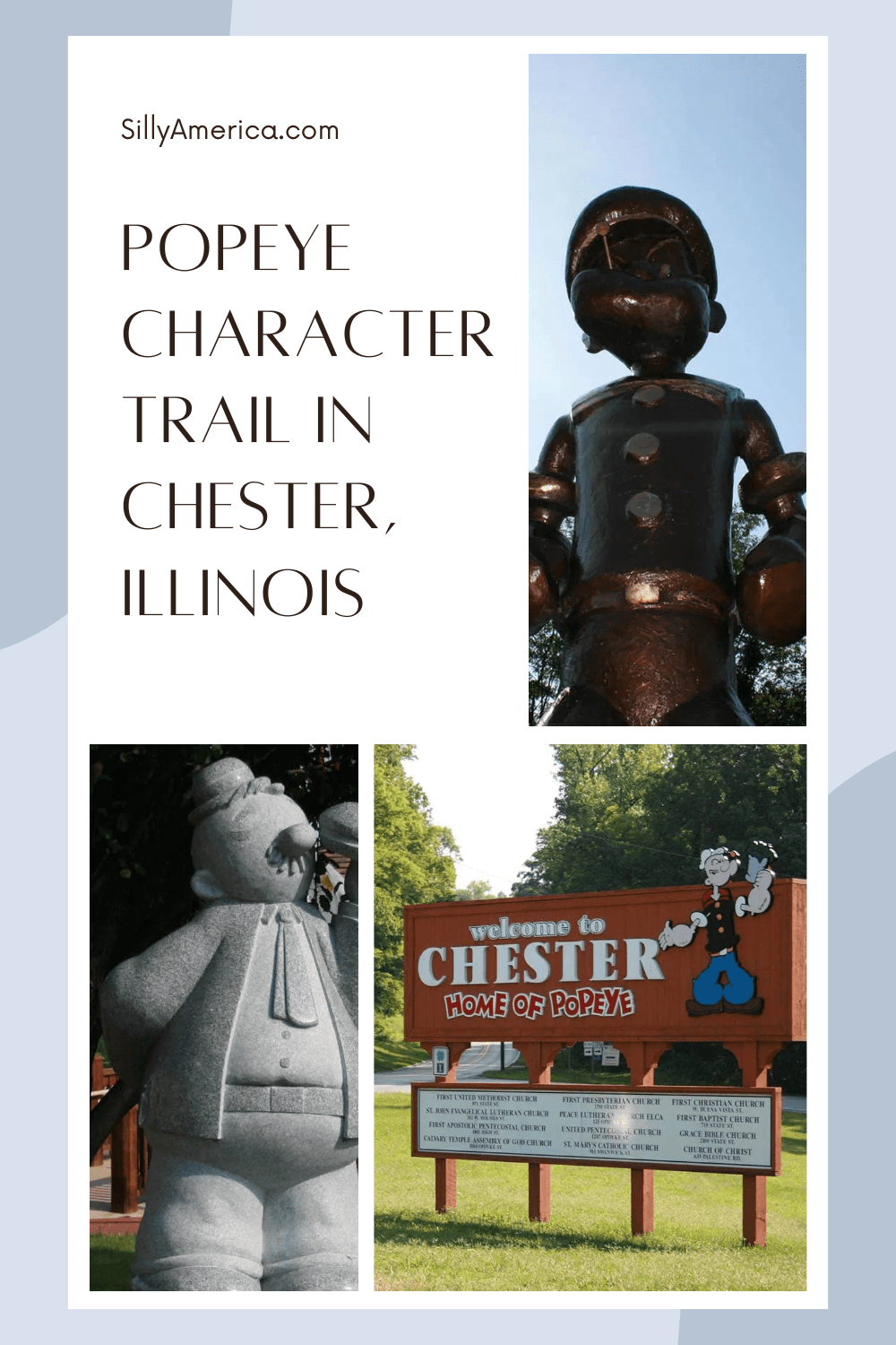 Chester, Illinois is known as “The Home of Popeye.” The small Illinois town is the hometown of E.C. Segar (Elzie Crisler Segar) who created the popular comic book character, Popeye the Sailor Man. Today the town celebrates its status as “The Home of Popeye” with events, murals, cut-out photo ops, visitor centers and gift shops, and, most prominently, the Popeye Character Trail, with new statues of these famed cartoons popping up every year. #Popeye #RoadTrip #RoadsideAttractions