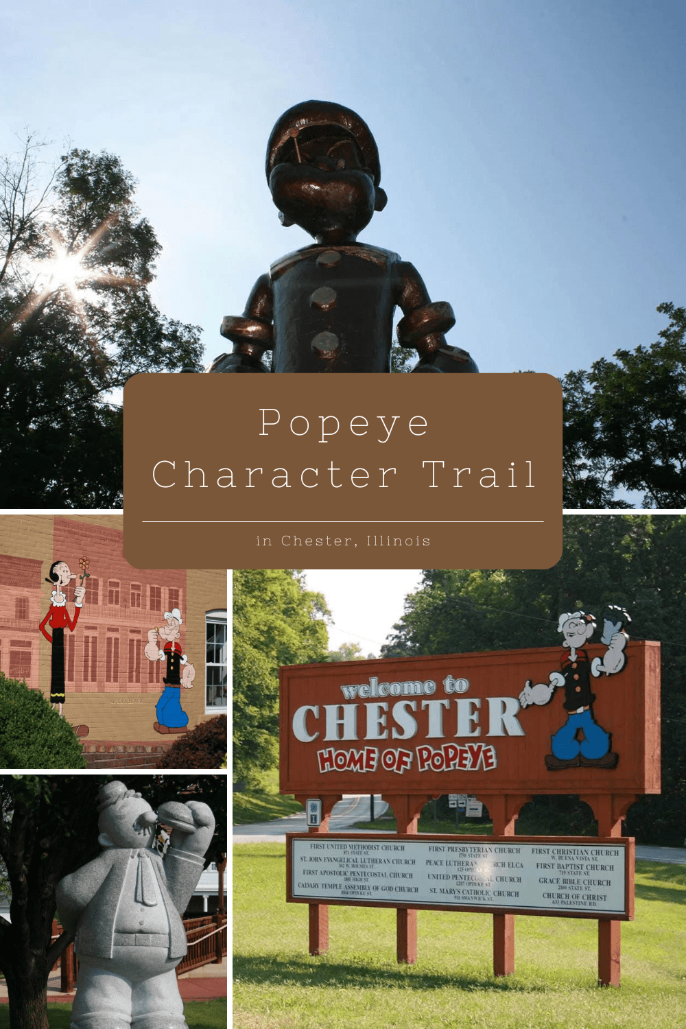 Chester, Illinois is known as “The Home of Popeye.” The small Illinois town is the hometown of E.C. Segar (Elzie Crisler Segar) who created the popular comic book character, Popeye the Sailor Man. Today the town celebrates its status as “The Home of Popeye” with events, murals, cut-out photo ops, visitor centers and gift shops, and, most prominently, the Popeye Character Trail, with new statues of these famed cartoons popping up every year. #Popeye #RoadTrip #RoadsideAttractions