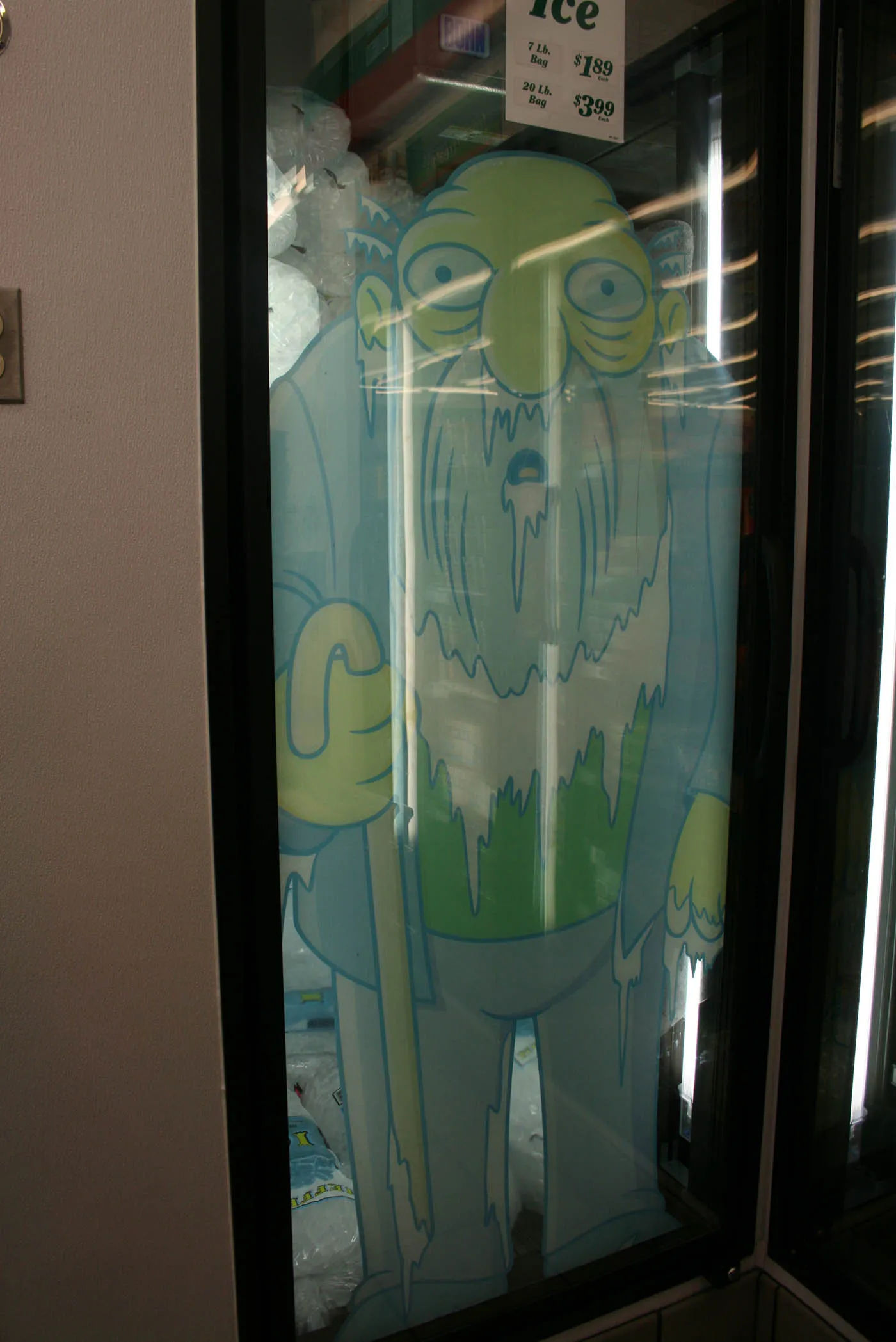 Jasper locked inside the freezer at The Simpsons 7-Eleven Kwik-E-Mart in Chicago, Illinois