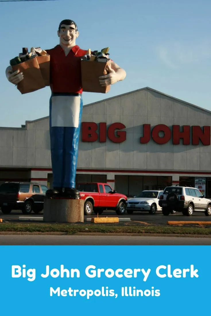 Big John Grocery Clerk statue, a weird roadside attraction outside of a superstore in Superman's Metropolis, Illinois, that is often mistaken for a muffler man. Visit this funny roadside attraction on your Illinois road trip and add it to your travel itinerary and bucket lists.
#IllinoisRoadsideAttractions #IllinoisRoadsideAttraction #RoadsideAttractions #RoadsideAttraction #RoadTrip #IllinoisRoadTrip #IllinoisWeekendGetaways #IllinoisRoadTripItinerary #WeirdRoadsideAttractions #RoadTripStops 