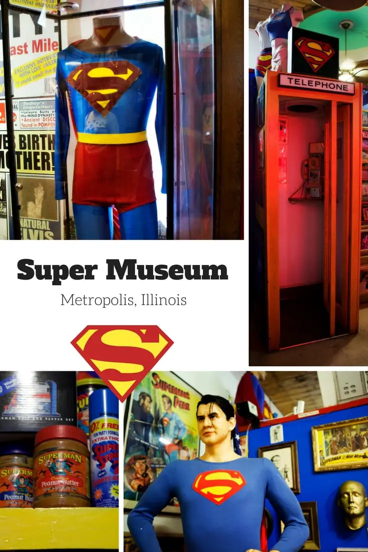 Photos from inside of the Super Museum in Metropolis, Illinois - a collection celebrating all things Superman with memorabilia, costumes, props, and more. Visit on your Illinois road trip or weekend getaway. Add it to your list of things to do in Illinois this summer, winter, fall, or spring!
#IllinoisRoadsideAttractions #IllinoisRoadsideAttraction #RoadsideAttractions #RoadsideAttraction #RoadTrip #IllinoisRoadTrip #IllinoisWeekendGetaways #IllinoisWithKids #IllinoisRoadTripItinerary