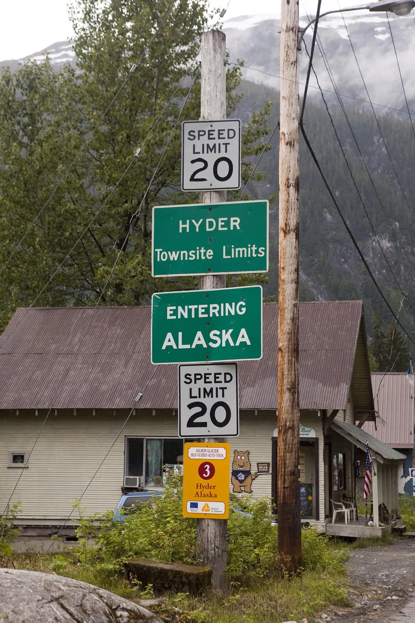 Entering Alaska sign at the border between Canada and Hyder, Alaska.