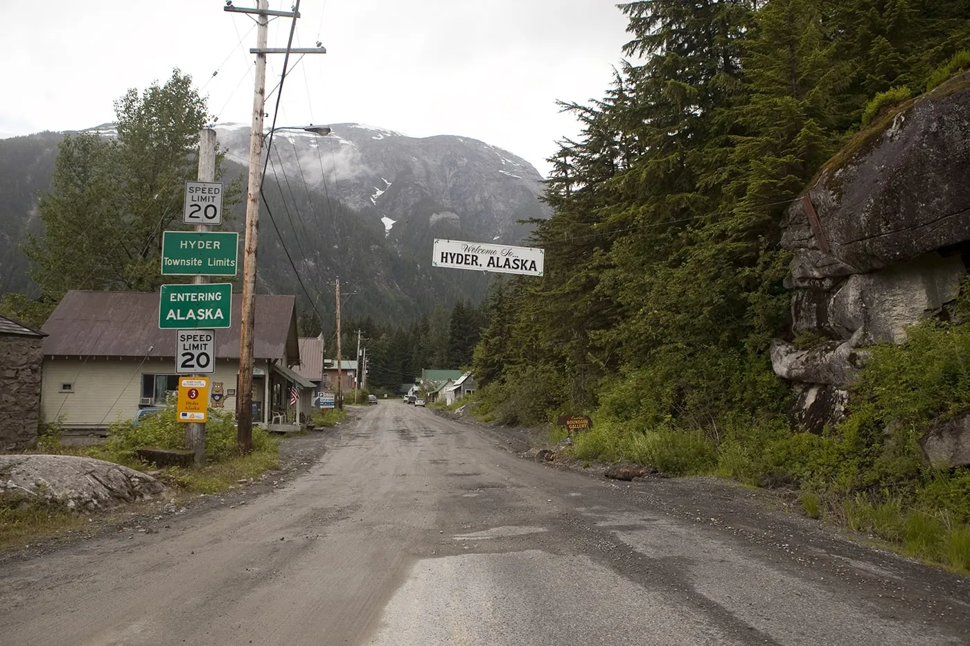 Welcome to Hyder, Alaska sign.