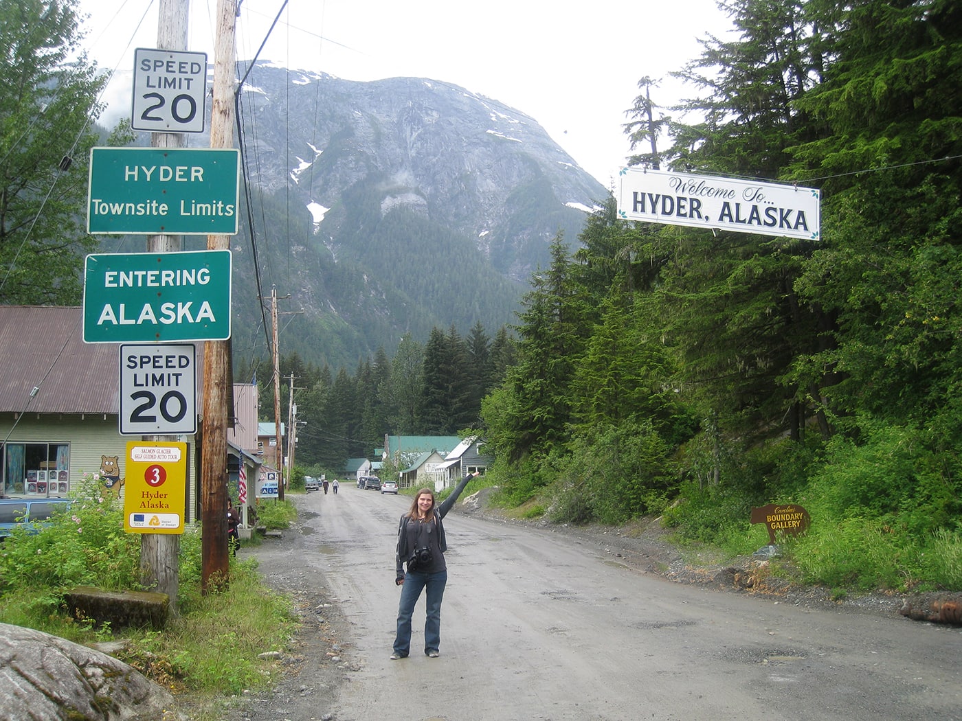 Val in front of the Welcome to Hyder, Alaska sign.