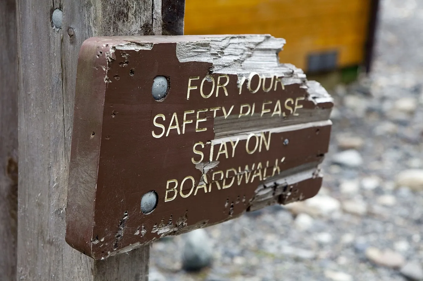 For your safety stay on boardwalk sign at the Fish Creek Wildlife Observation Site at the Tongass National Forest in Hyder, Alaska.
