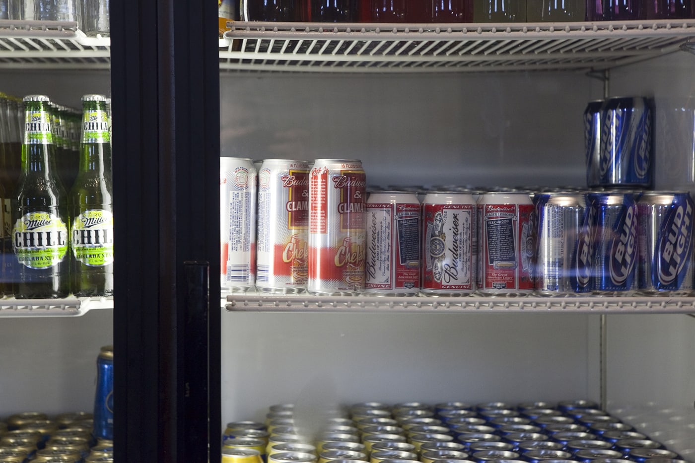 Budweiser and Clamato cans in the fridge at the Glacier Inn in Hyder, Alaska.