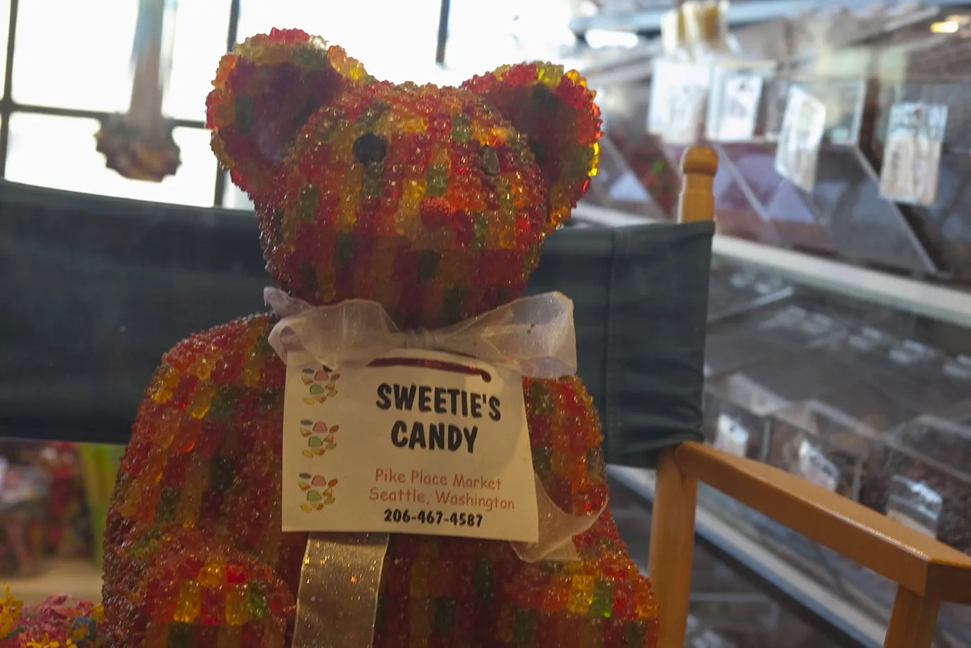 Giant Gummy Bear made from Gummy Bears at Sweetie's Candy in Pike Place Market in Seattle, Washington.