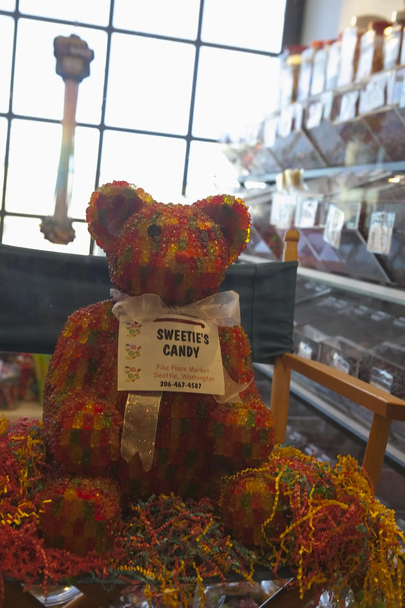 Giant Gummy Bear made from Gummy Bears at Sweetie's Candy in Pike Place Market in Seattle, Washington.