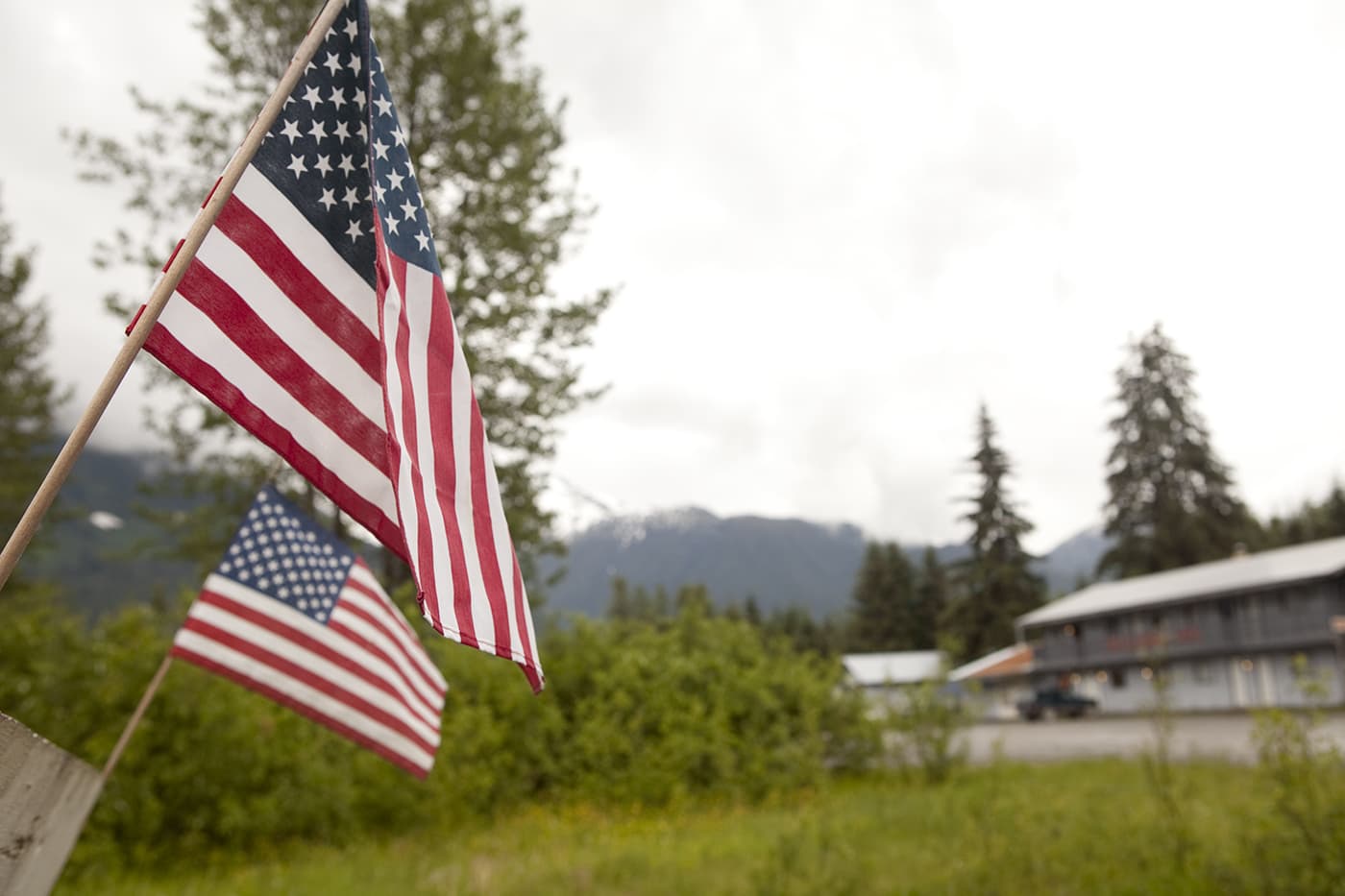 American flags in Hyder, Alaska.