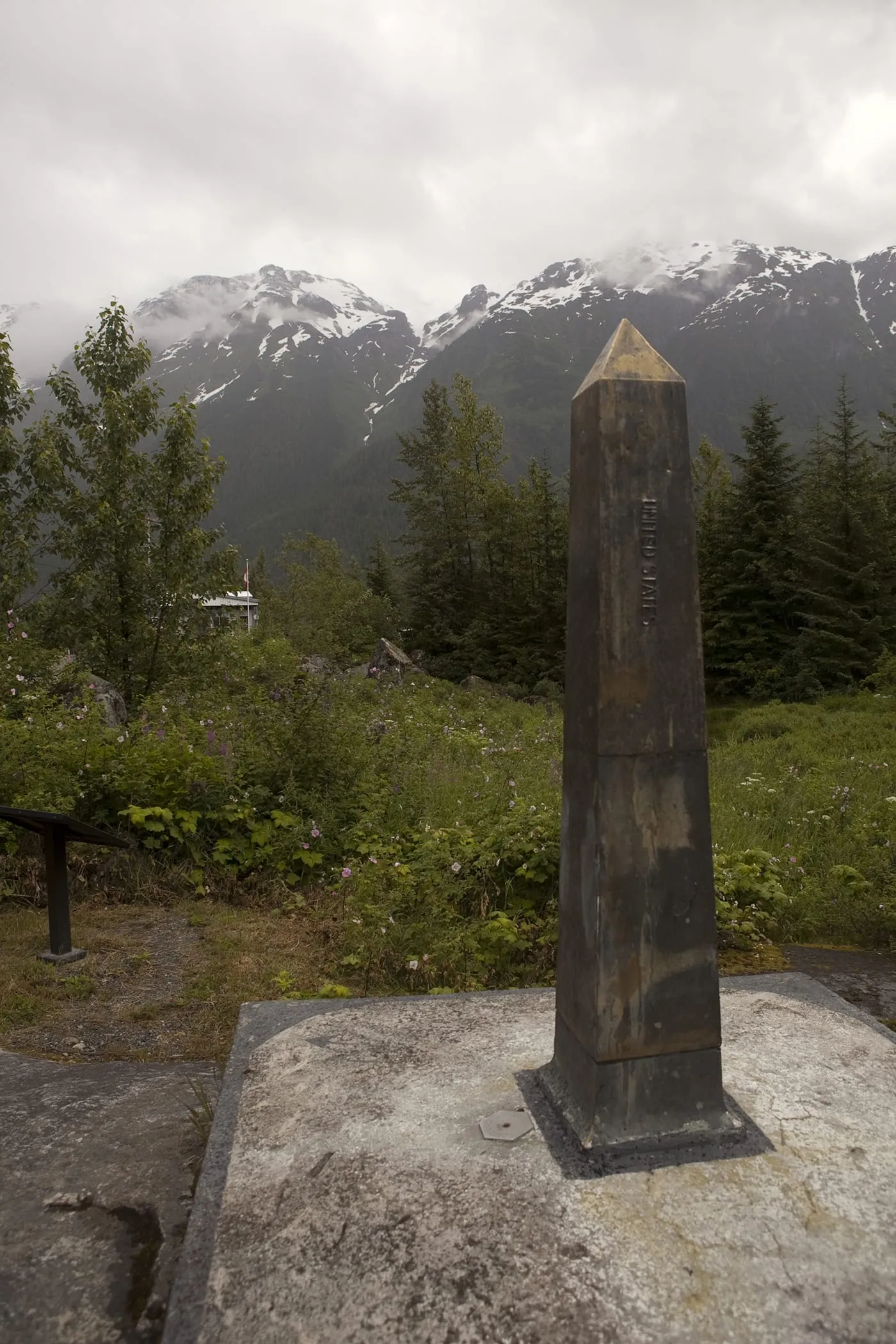 Land marker between Canada and the United States in Hyder, Alaska.