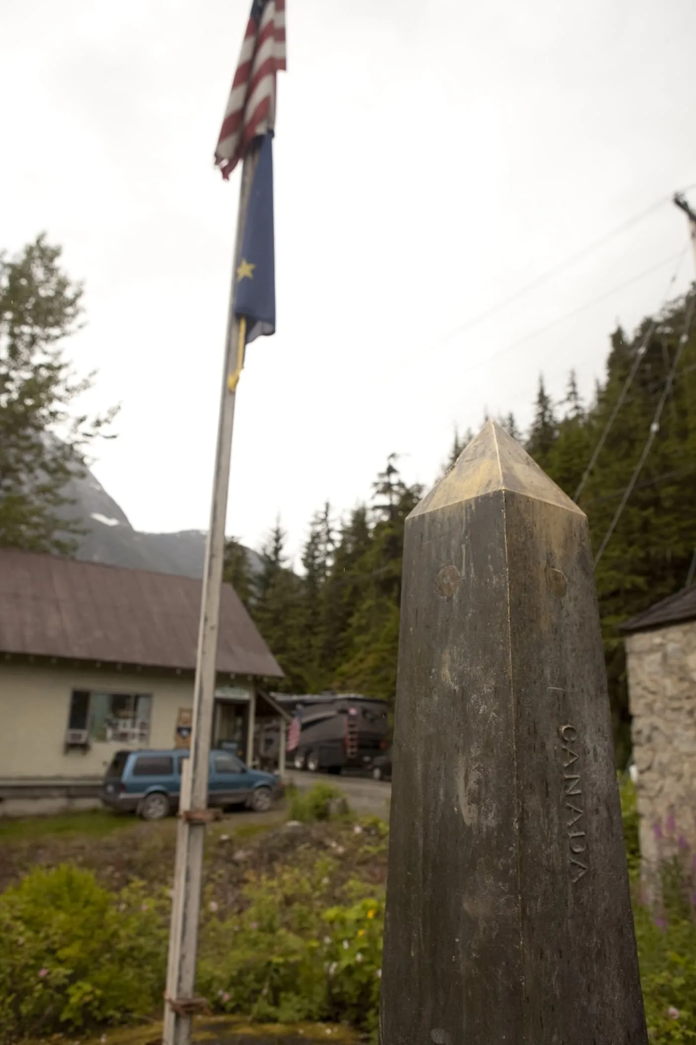 Land marker between Canada and the United States in Hyder, Alaska.