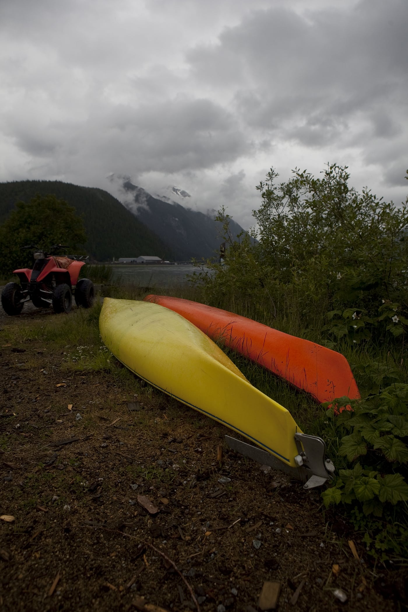 Canoes near the pier in Hyder, Alaska.