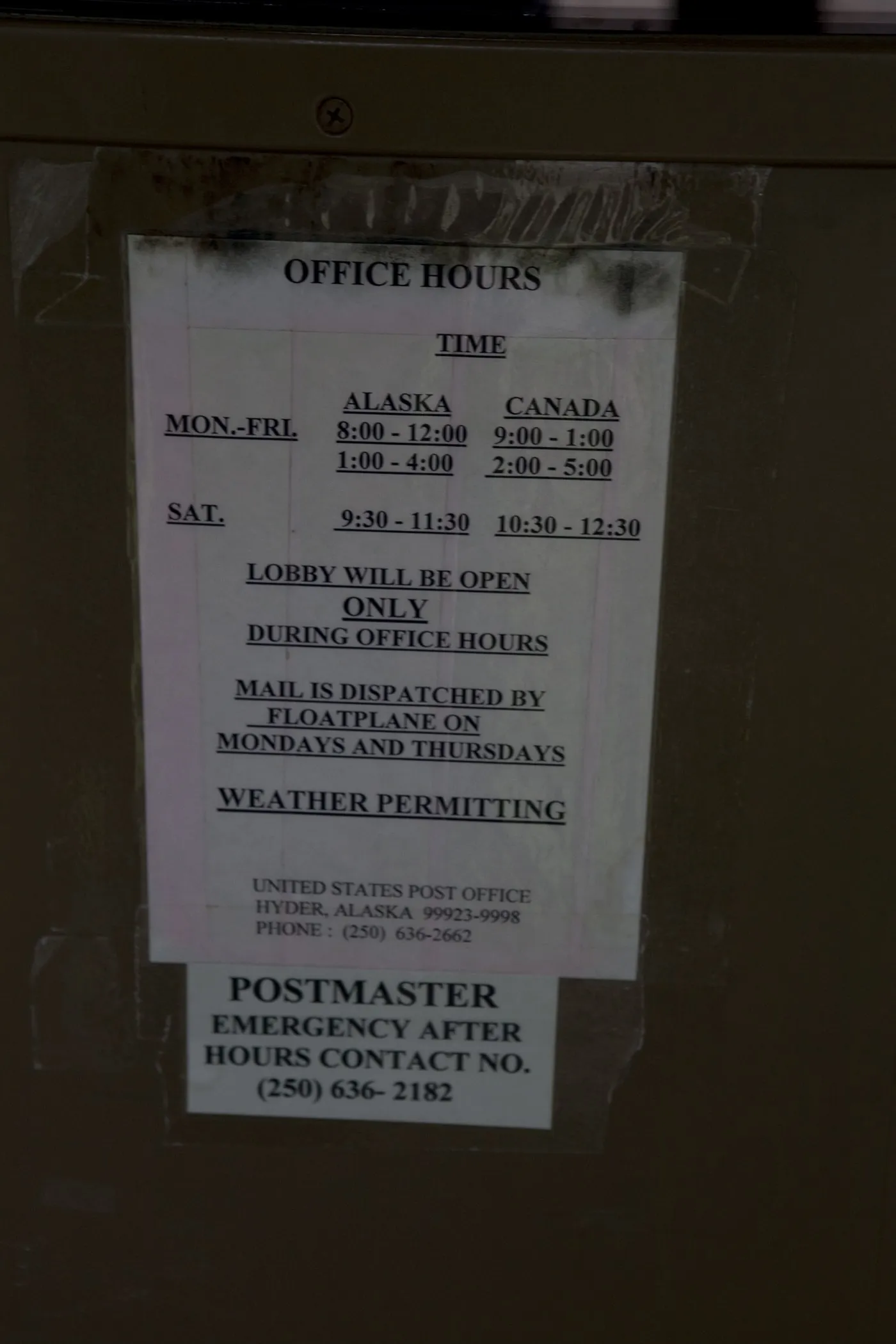 Mail is dispatched by floatplane sign at the Hyder, Alaska Post Office.