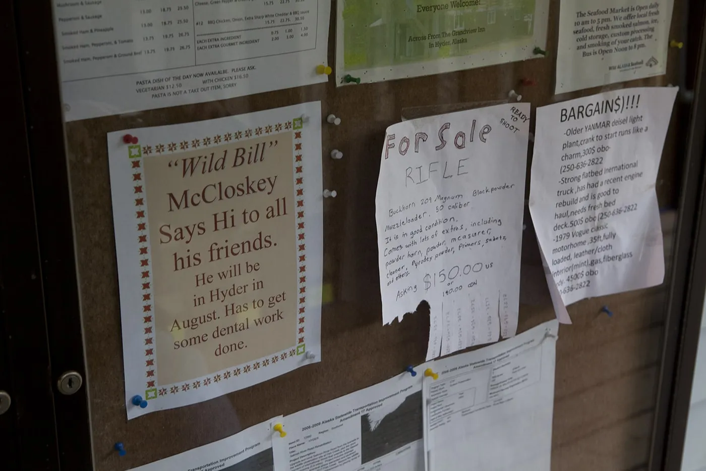 Message Board signs at the Hyder, Alaska Post Office.