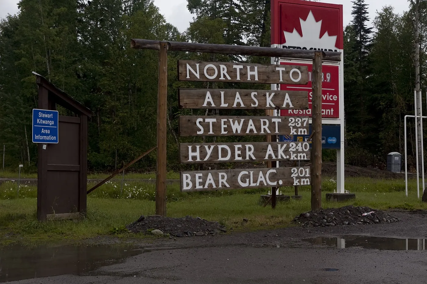 North to Alaska, Stewart, Hyder, Bear Glacier sign in Kitwanga,British Columbia, Canada.