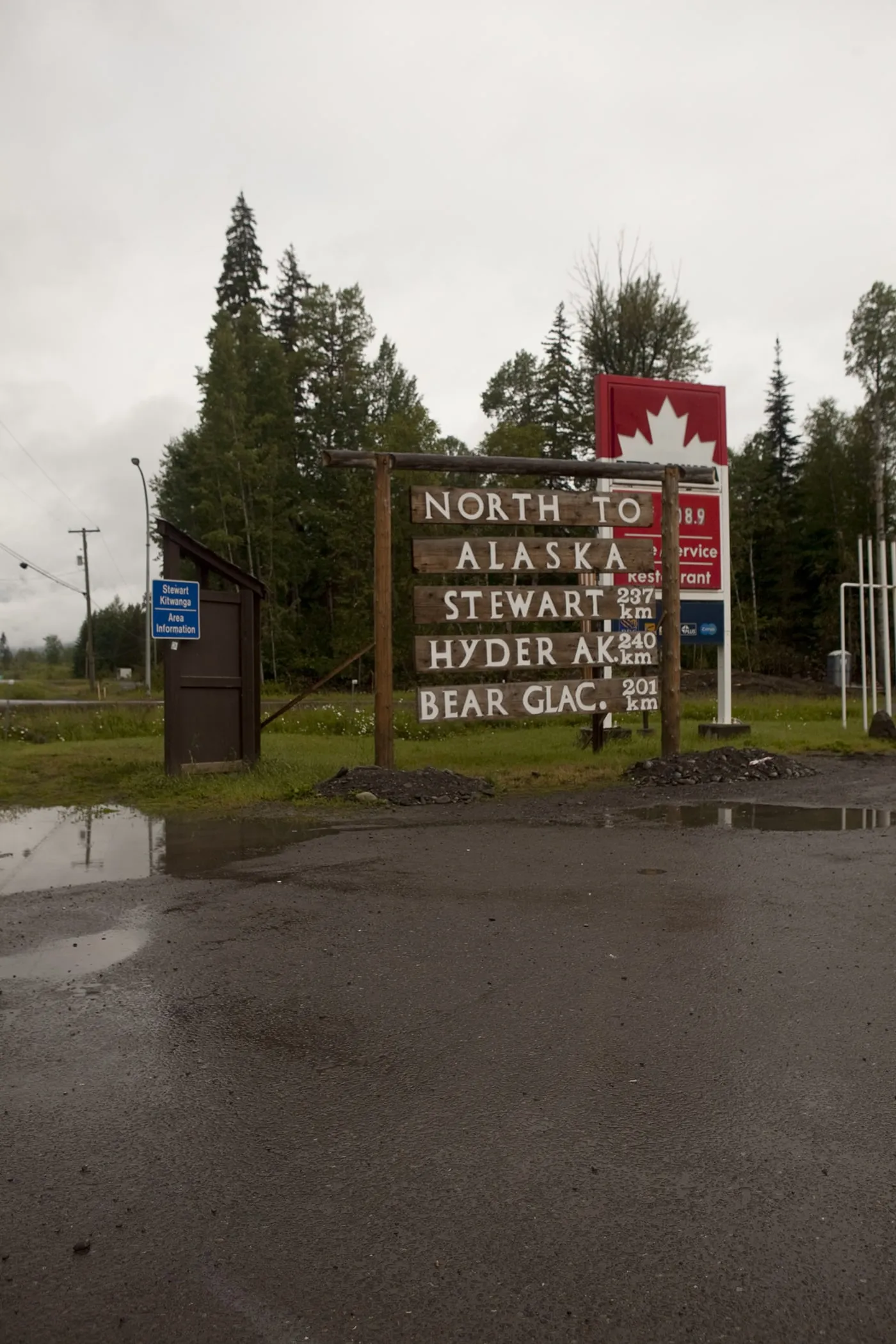 North to Alaska, Stewart, Hyder, Bear Glacier sign in Kitwanga,British Columbia, Canada.