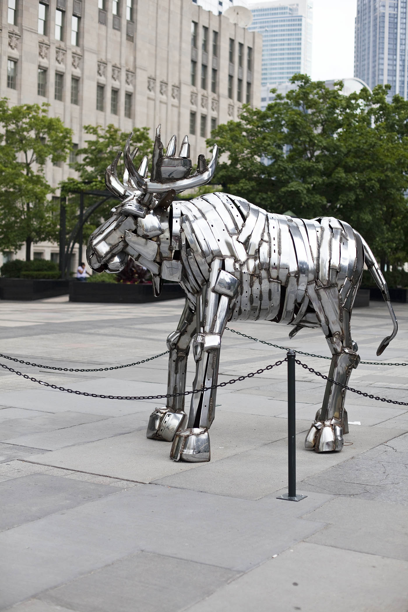 Moose (W-02-03), a chrome moose statue on Michigan Ave. in Chicago, Illinois.