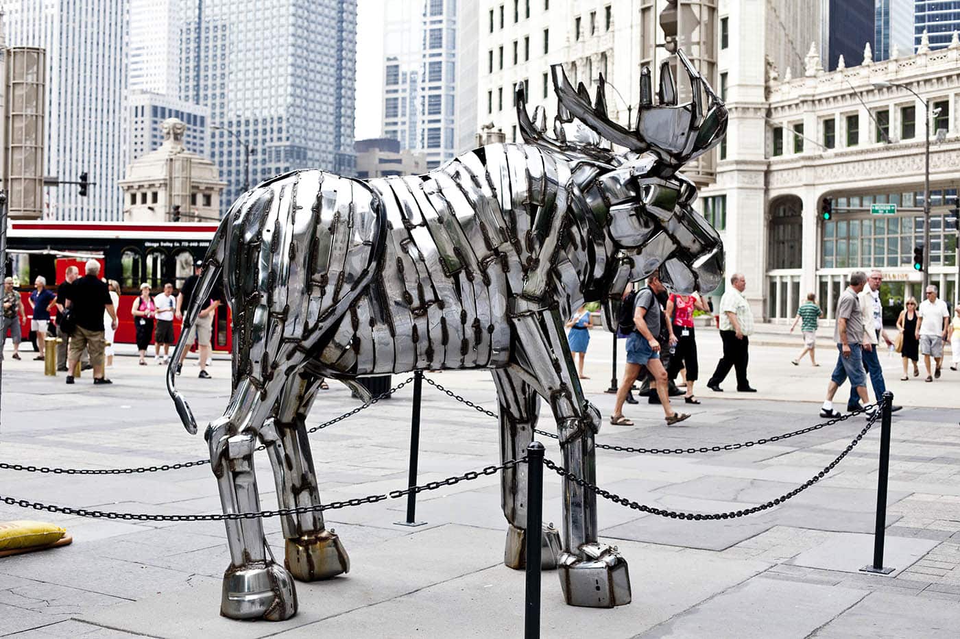 Moose (W-02-03), a chrome moose statue on Michigan Ave. in Chicago, Illinois.