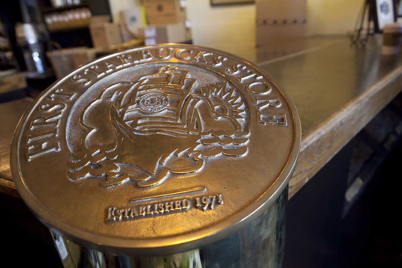 First Starbucks store plaque inside the Original Starbucks in Seattle, Washington