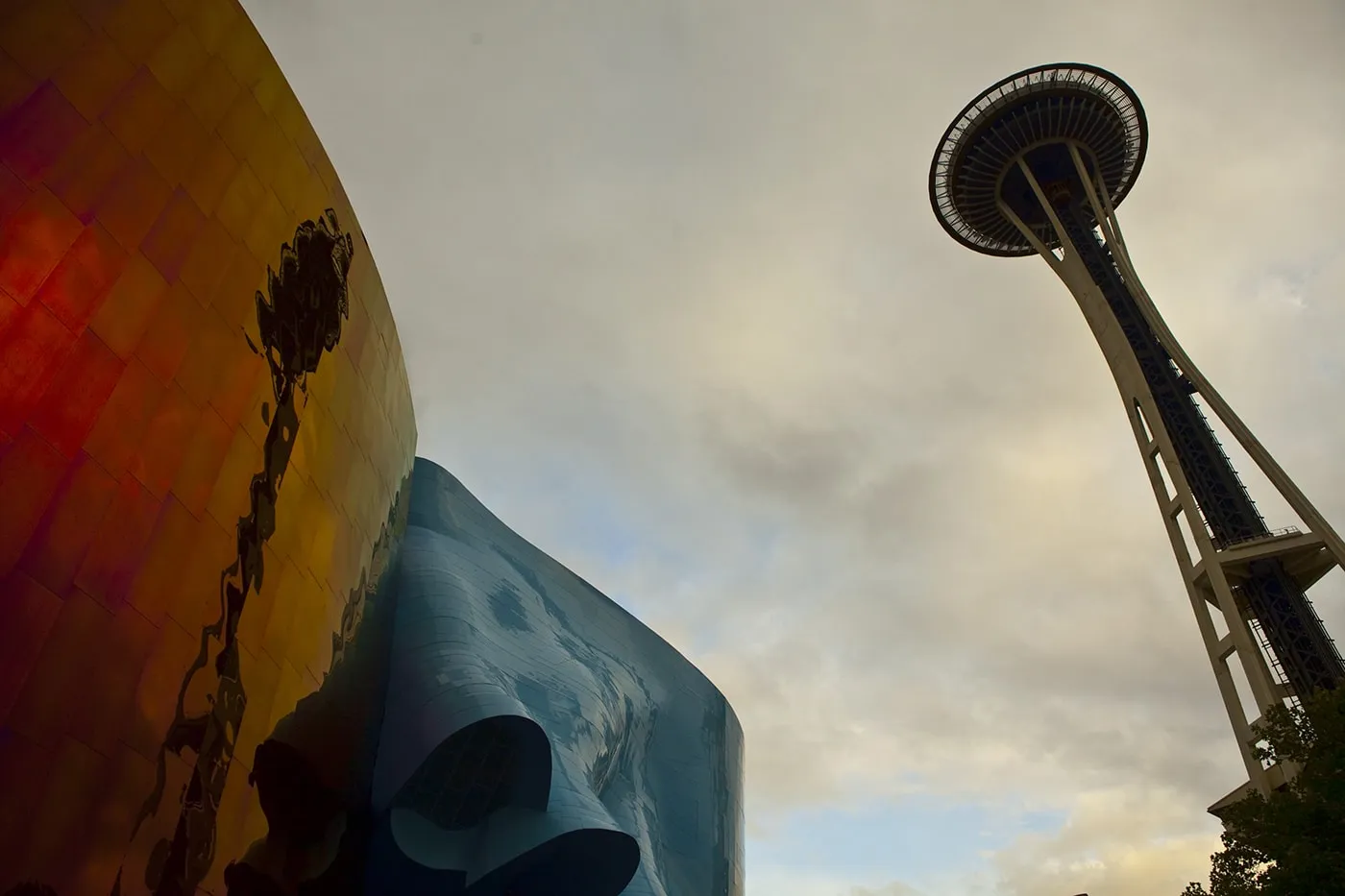 The Space Needle reflected off of off of Experience Music Project in Seattle, Washington.