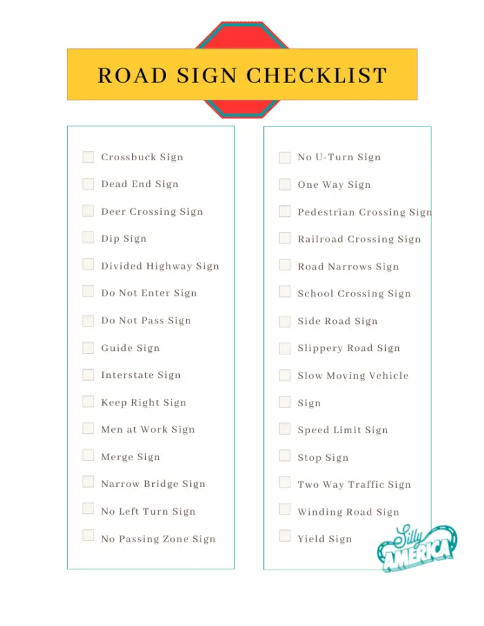 Road Sign Bingo printable checklist