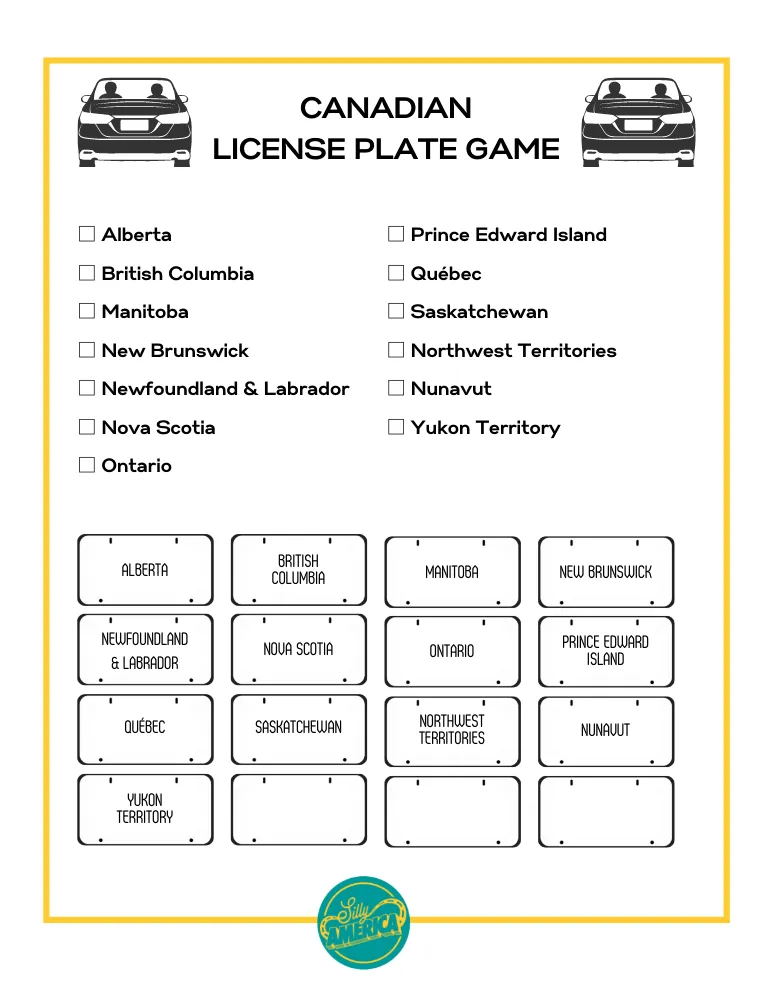 Canadian License Plate Game free downloadable printable pdf